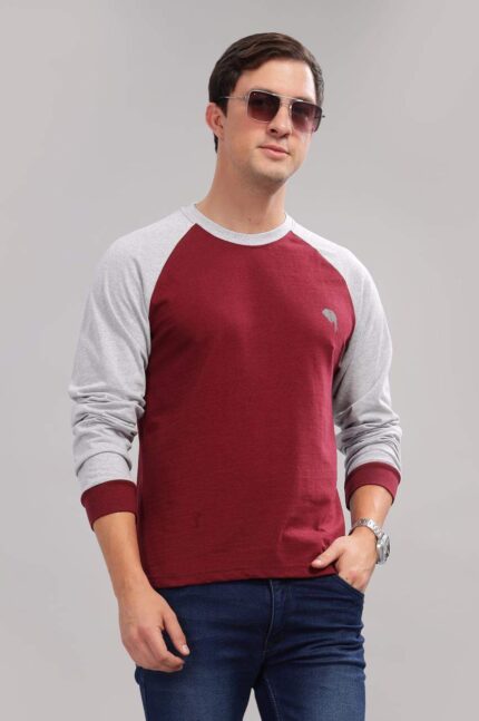 RFS006 || Maroon & Grey || Round Neck Full Sleeve T-Shirt