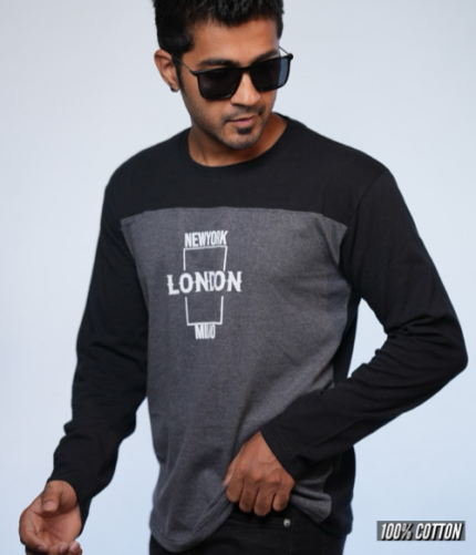RFS001 || Grey & Black || Round Neck Full Sleeve T-Shirt